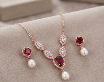 Ruby and fresh water Pearl Jewelry Set, Rose Gold  , Teardrop Ruby Necklace and Earrings, Bridesmaid Jewelry Set, Bridal Gift