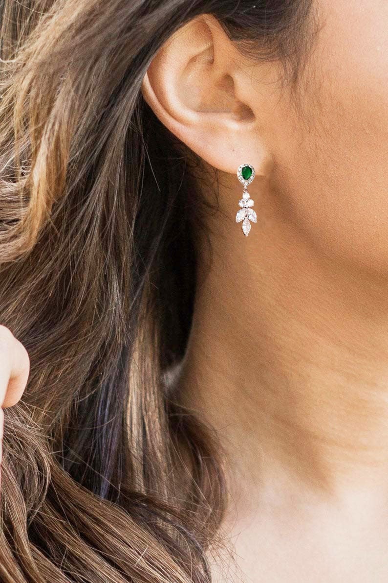 Birthstone jewelry wedding gift Emerald green dark green prom Holiday Earrings crystal Drop emerald Silver birthday bridesmaid gifts Leafp