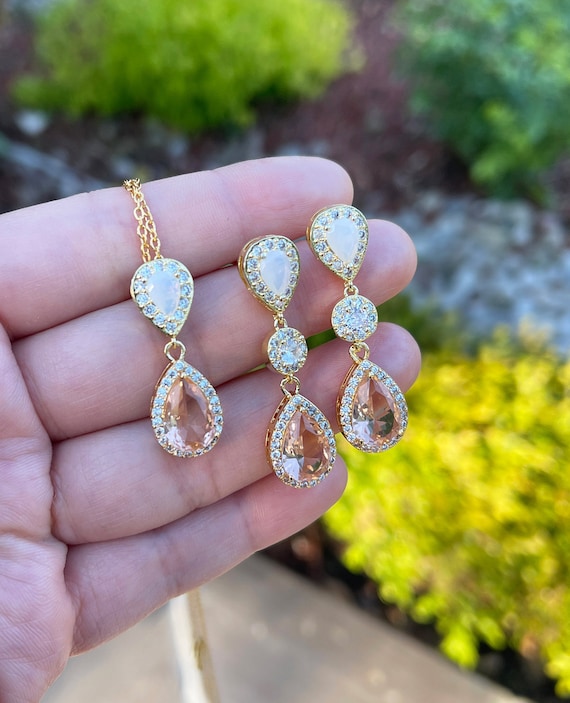 jewelry for champagne wedding dress Opal white Champagne Earrings Gold opal champagne long Bridesmaid Earrings  Wedding Earrings /necklace Wedding Jewelry Bridesmaid Jewelry
