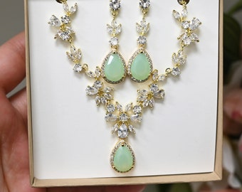 Light Green mint Green lime Green Prom Jewelry Set Bridal Earrings Necklace Bracelet wedding Jewelry Set bridesmaid Gifts Set Silver Etsy