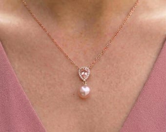 Morganite crystal pink Pearl Jewelry Set, Bridesmaid Gift bridal wedding  mother bride groom earrings necklace
