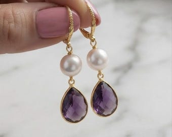 Gold Amethyst Teardrop Earrings with Freshwater Pearl, Elegant Dangle Leverback Earrings, Purple Gemstone Jewelry