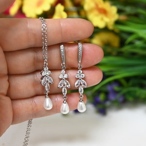 Pearl earrings dangle earrings Christmas gift for her crystal diamond necklace bracelet gift daughter friendship BFF holiday jewelry Leafp