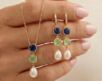 Fresh water Pearl Drop Earrings,  Bridal Jewelry, Bridesmaid Gift ,BLUE SAPPHIRE +mint green necklace bracelet