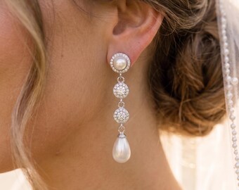 Dainty Pearl Diamond Bridal Earrings, Necklace, Bracelet Set, Wedding Jewelry