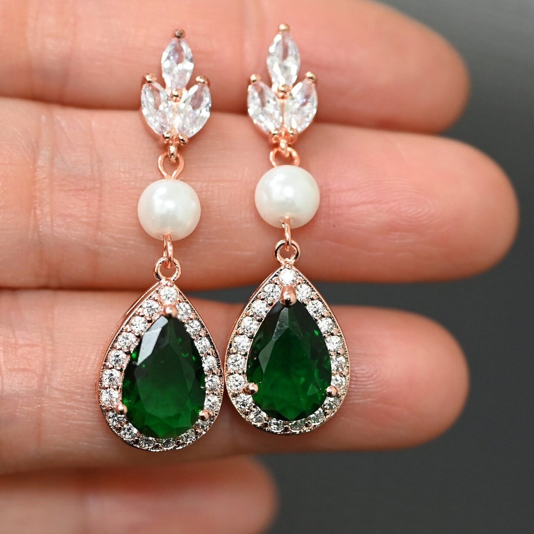Emerald Green Pearl Earrings Dark Green Emerald Bridesmaid Etsy