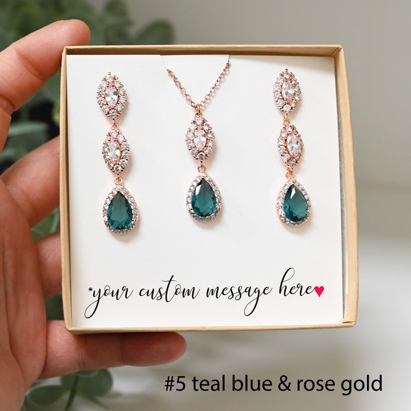 TEAL blue  #5 mother bride prom wedding bridal personalized Bridesmaid Gift Rose gold  ocean blue Bridesmaid Earrings  necklace  peacock  MQ