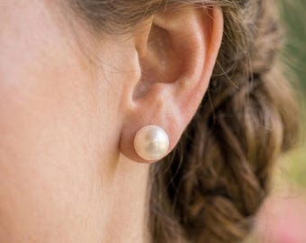 fresh water pearl 8 mm AAA genuine Real pearl stud earrings rose Gold Bridesmaid gifts wedding jewelry bridal party