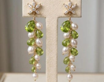 Fresh water Pearl Drop Earrings,  Bridal Jewelry, Bridesmaid Gift ,August birthstone green peridot