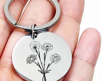 Mother's day Gifts for Mom Bouquet Flower keychain/Necklace Combined Birth Flower Birth Month Flower  Engraved Unique Family Gift Mother DC