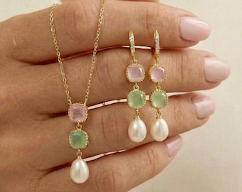 Fresh water Pearl Drop Earrings,  Bridal Jewelry, Bridesmaid Gift , light pink blush mint green necklace