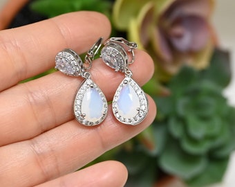 White opal Gold Clip on non pierced ears ,white opal earrings , clip on earrings,opal and gold earrings,opalite ,bridal bridesmaid gift S12