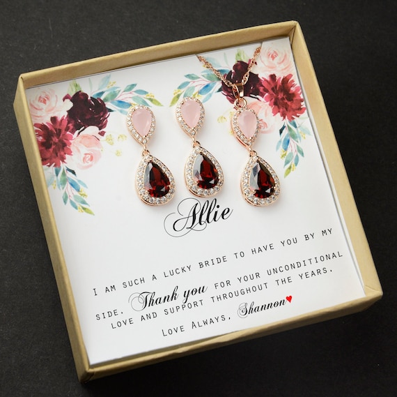 Burgundy red dark garnet bracelet burgundy Bridesmaid gifts Jewelry silverRose Gold burgundy Bridal jewelry Bridesmaid gift set