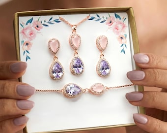 Lavender Blush Pink Opal Teardrop Jewelry Set: Bridal Earrings, Necklace, Bracelet bridesmaid gifts