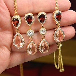 Burgundy red Champagne  Earrings Gold dark garnet red long Bridesmaid Earrings Wedding Earrings /necklace Wedding Jewelry Bridesmaid Jewelry