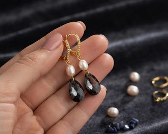 Fresh water Pearl Drop Earrings black Swarovski crystal ,  Bridal Jewelry, Bridesmaid Gift