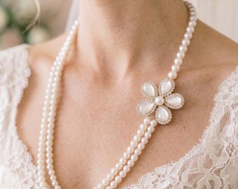 Romantic Pearl Statement Necklace | Genuine Mother of Pearl Floral Accent | Hand-Strung Bridal Pearls | 24" or Custom Size