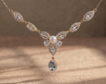 Light Blue Crystal Bridal Jewelry Set: Pearl & Cubic Zirconia Necklace, Earrings, Bracelet (Hypoallergenic)