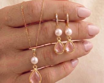 Fresh water Pearl Drop Earrings,  Bridal Jewelry, Bridesmaid Gift , CORAL  pink  necklace earrings bracelet set
