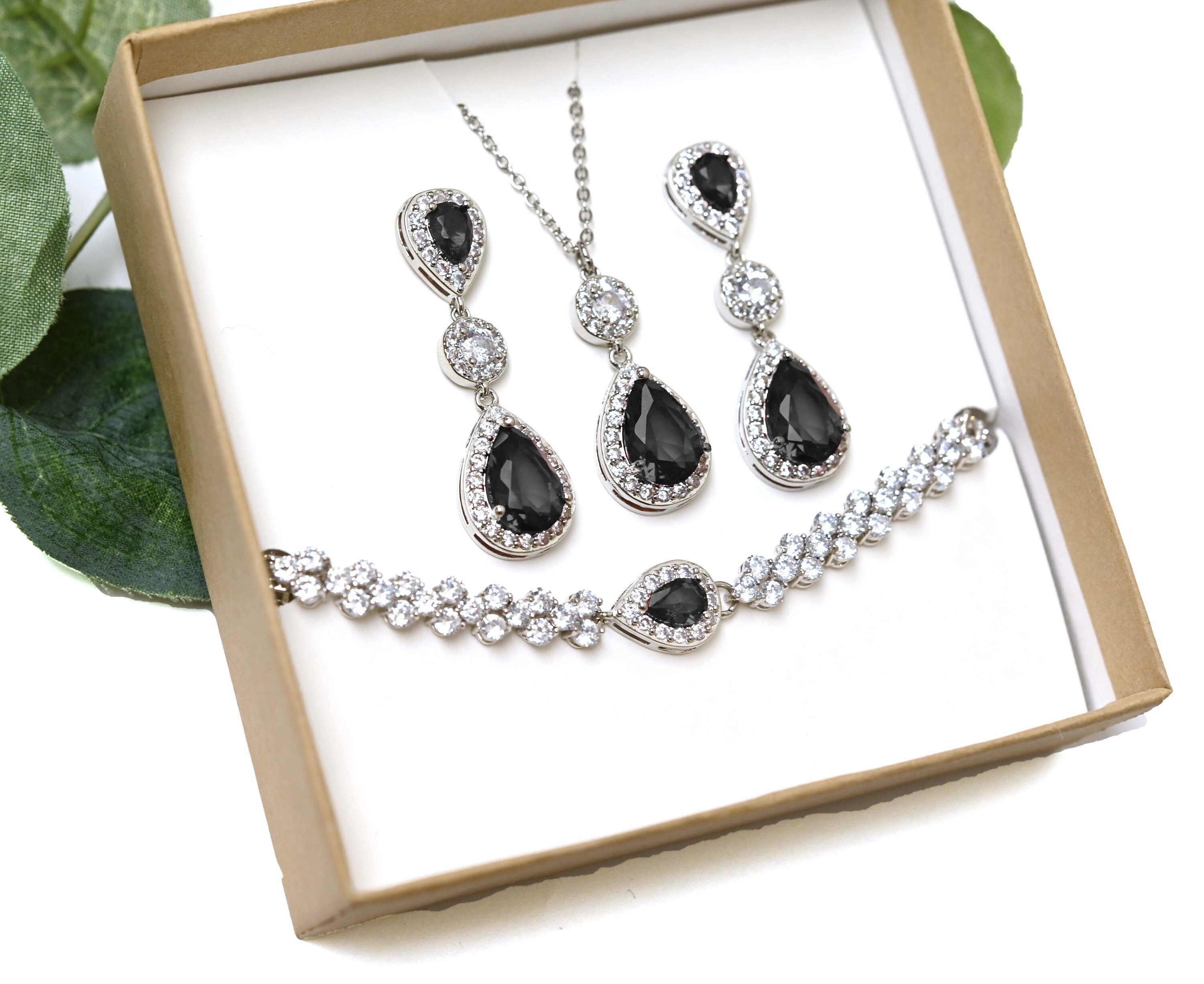 BLACK ONYX Gold Diamond Jewelry Set Black Studs Dangle