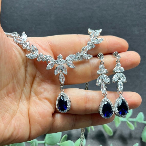 silver or gold jewelry for a blue dress CHOOSE COLOR -bridal Necklace Set,wedding Earrings,prom Jewelry,gold Rose Set ,sapphire Navy ,bride Mother , Quinceanera Google_weddingdresses