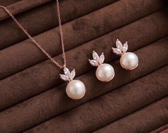 Freshwater Pearl Jewelry Set, Leaf Diamond Pearl Necklace, Wedding Jewelry Set, Bridal Earrings, Bridesmaid Gift, Gift for Her Mother PS