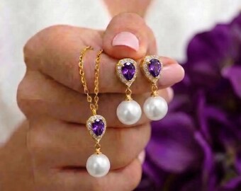 Dark purple amethyst cubic zirconia crystal  Pearl Bridal Jewelry Set, Bridesmaid Earrings Necklace