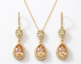 Teardrop Dangle Earrings, Champagne #17 Gold & light Green #1 , Bridal Jewelry prom bridesmaid gifts