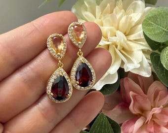 Champagne & Dark red burgundy Garnet Cubic Zirconia Gold Earrings, Wedding Jewelry s12 short