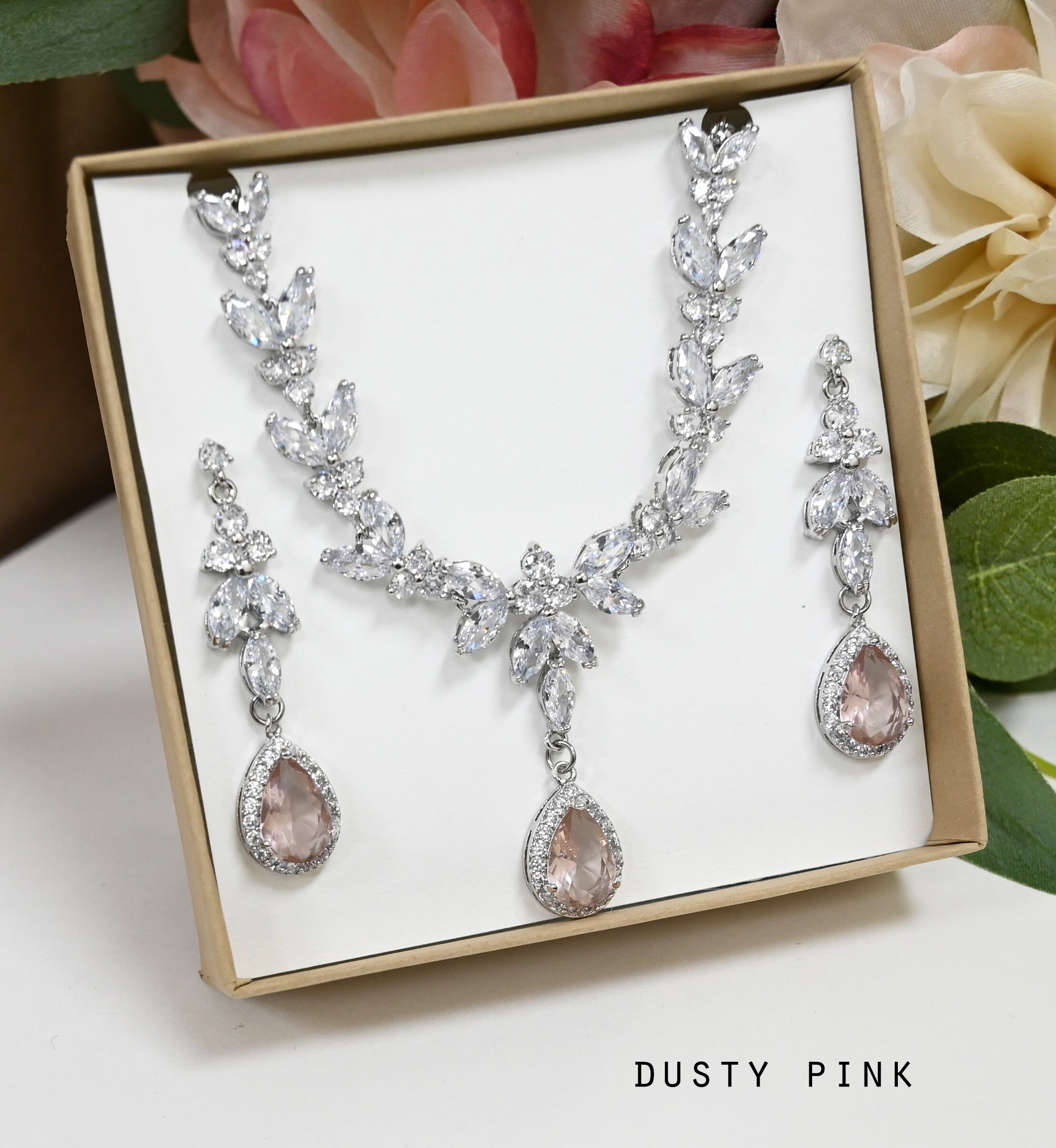 ネックレス・ペンダント Muse Tully Drop Silver Pink Necklace(SILVER925) Dusty Pink Pale Pink Necklace Earrings , Bridal Necklace Set