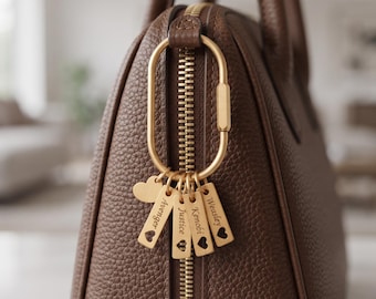 Personalized Name Bar Keychain, Custom Engraved Gold Bag Charm, Family Names Keyring, Heart Key Chain, Gift for Mom, Personalized Jewelry