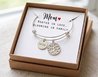 Tree Charm Bracelet, Personalized MOM Disc, Adjustable Bangle