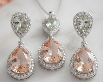 Teardrop Dangle Earrings, Champagne silver & Sage Green, Bridal Jewelry prom bridesmaid gifts