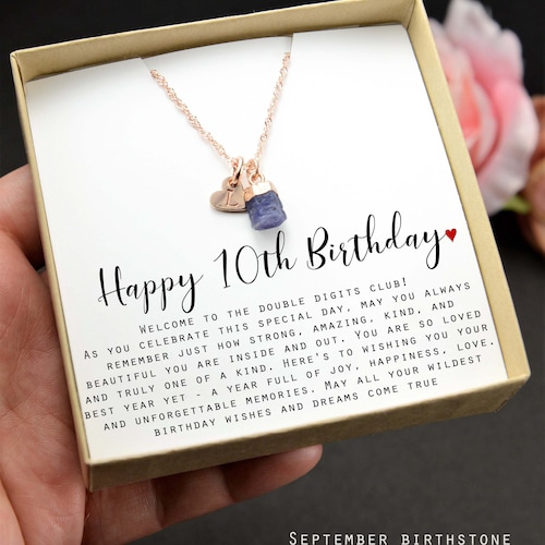 Cadeau pour 10 ans, Cadeau pour une fille de 10 ans, 10e anniversaire d'or, Joyeux 10e d'or, saphir de septembre, collier dixième anniversaire SAP