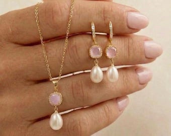 Fresh water Pearl Drop Earrings,  Bridal Jewelry, Bridesmaid Gift ,pink opal light pink necklace