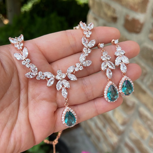 Teal blue  Jewelry SET  Crystal Wedding Jewelry Rose gold Bracelet Gold Bridal Earrings necklace bridesmaid gifts Jewelry prom graduation