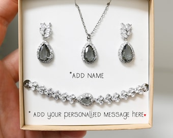 Charcoal gray black Crystal Bridal earrings black Holiday Christmas Gift necklace bracelet set gifts for mom wife bridesmaid gifts SmVine