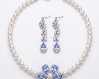 Sapphire Blue Pearl Necklace and flower Earrings Set, White Gold Flower Jewelry