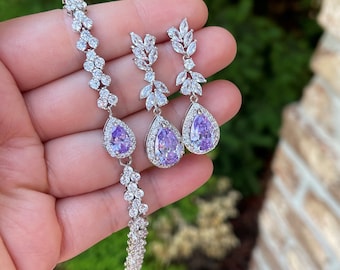 ringjewels Purple Purple & Sim Diamond 925 Sterling Halo Earrings Ring Pendant Necklace Set ringjewels Purple Purple & Sim Diamond 925 Sterling Halo Earrings Ring Pendant Necklace Set