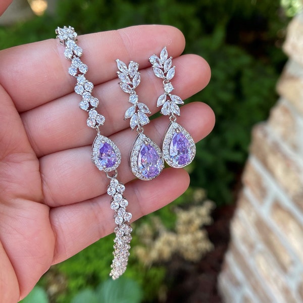 Lavender purple amethyst silver  Wedding Jewelry Bridesmaid Earrings light purple Prom graduation Bridal Earrings bridesmaid gift set- SVine