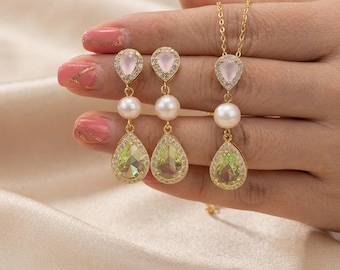 Pastel Teardrop Crystal Jewelry Set, Pale Pink & Olive Green Pear Cut Drop Earrings, Pearl Drop Pendant Necklace, Wedding Jewelry Set