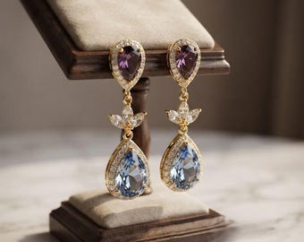 Plum purple #23  and dusty blue Crystal Earrings Bridal Earrings Drop Wedding Bridal Jewelry set Bridesmaids Earrings
