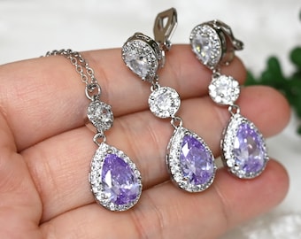 CLIP ON earrings non pierced ears Lavender purple amethyst silver Wedding Jewelry light purple Prom graduation Bridal  bridesmaid gift S12