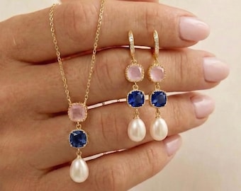 Fresh water Pearl Drop Earrings,  Bridal Jewelry, Bridesmaid Gift ,BLUE SAPPHIRE + blush pink opal necklace bracelet