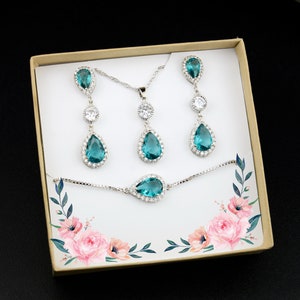 Teal blue Crystal Bridal earrings Wedding jewelry Bridesmaid Gift  necklace bracelet set LEAF BRACELET something blue aqua blue s12