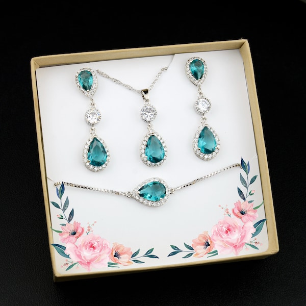 Teal blue Crystal Bridal earrings Wedding jewelry Bridesmaid Gift  necklace bracelet set LEAF BRACELET something blue aqua blue s12