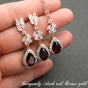 Crystal Bridal earrings Wedding jewelry Bridal jewelry Bridesmaid Gift necklace bracelet set Burgundy dark red wine red svine