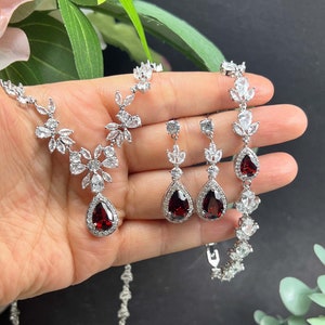 Red Bridal Jewelry set, Burgundy Bridal Earrings,CZ Necklace, Bridal Necklace, Cubic Zirconia Necklace,Dark Red Wedding Jewelry Set ,prom 3L