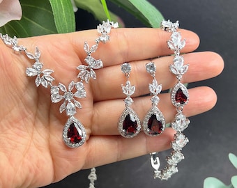 Red Bridal Jewelry set, Burgundy Bridal Earrings,CZ Necklace, Bridal Necklace, Cubic Zirconia Necklace,Dark Red Wedding Jewelry Set ,prom 3L