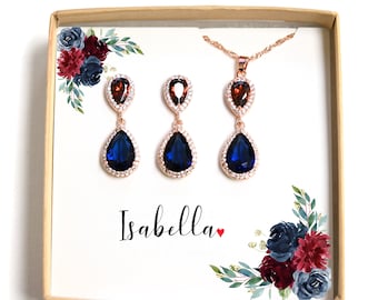 Bridesmaid Gift,Rose gold Bridesmaid Earrings,Bridesmaids Gifts set of  4 5 6 7 8,wedding earrings, bridal earrings ,Navy blue  burgundy red